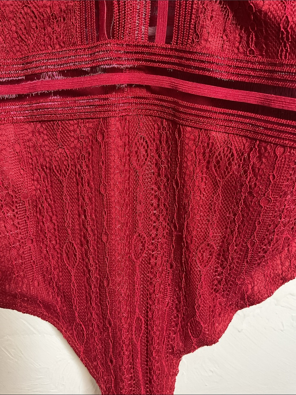 Lulus Casita Wine Red Lace Sheer Striped Plunging Sleeveless Bodysuit Size M - Picture 3 of 11